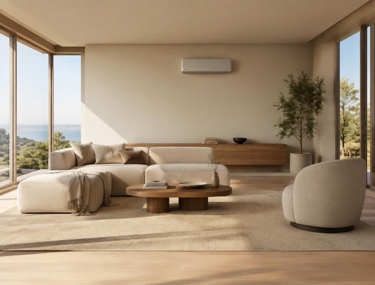 Wall-mounted air conditioning unit in a bright modern interior