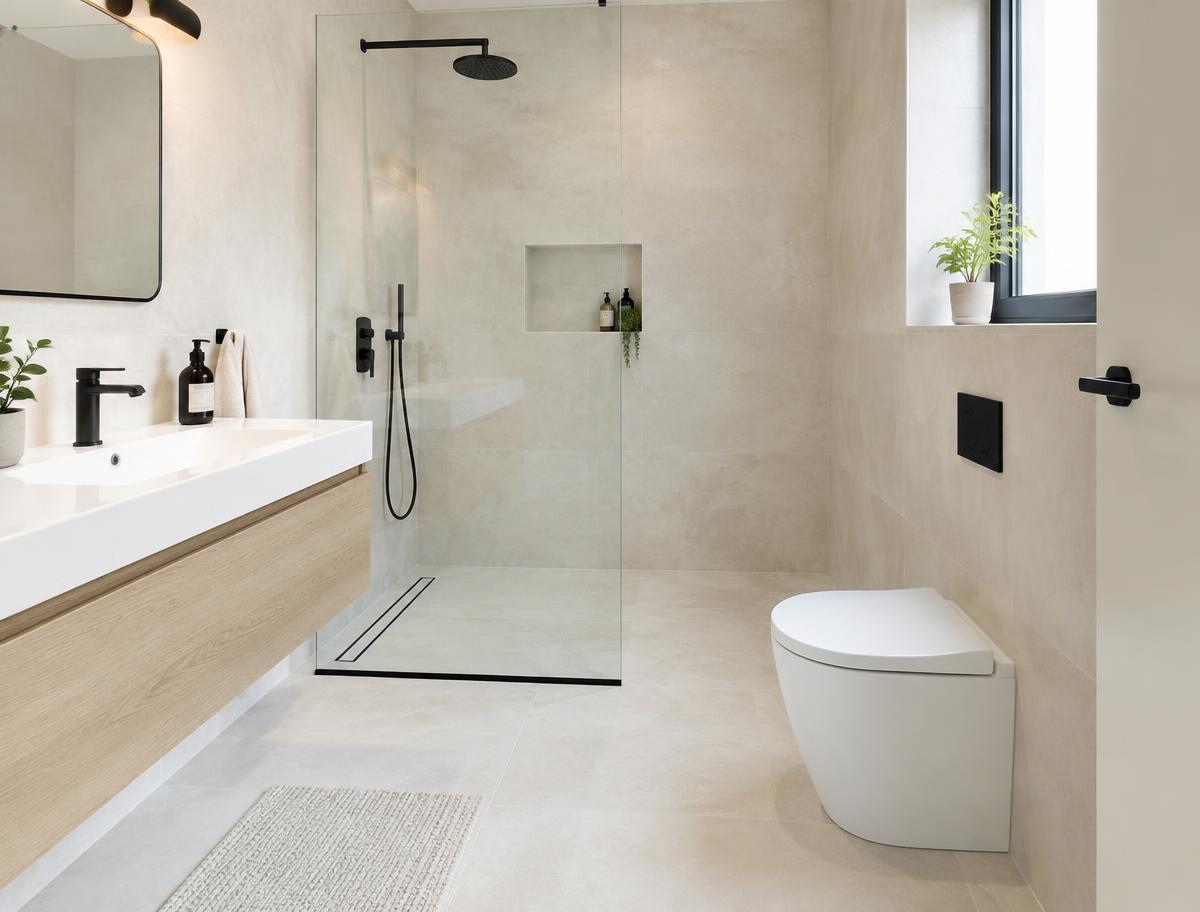 Modern bathroom with a walk-in shower and tiled walls