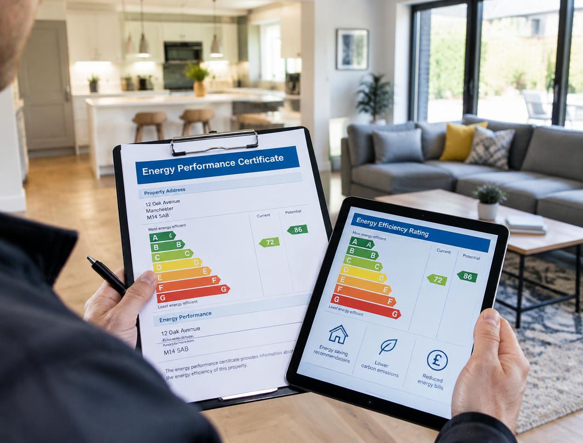 Energy performance rating chart on a desk with a property floor plan
