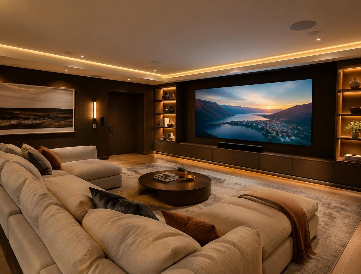 Living room with a wall-mounted television and in-ceiling speakers