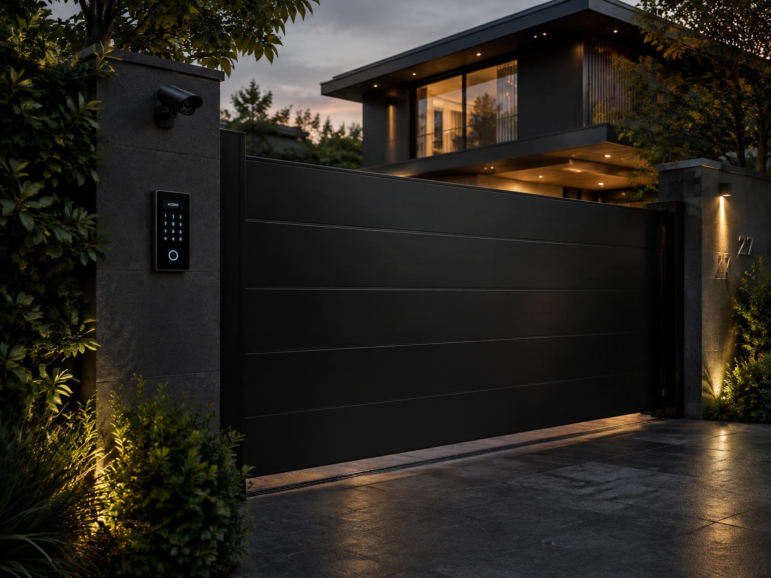 Modern house with a dark automated sliding gate, wall-mounted camera and keypad