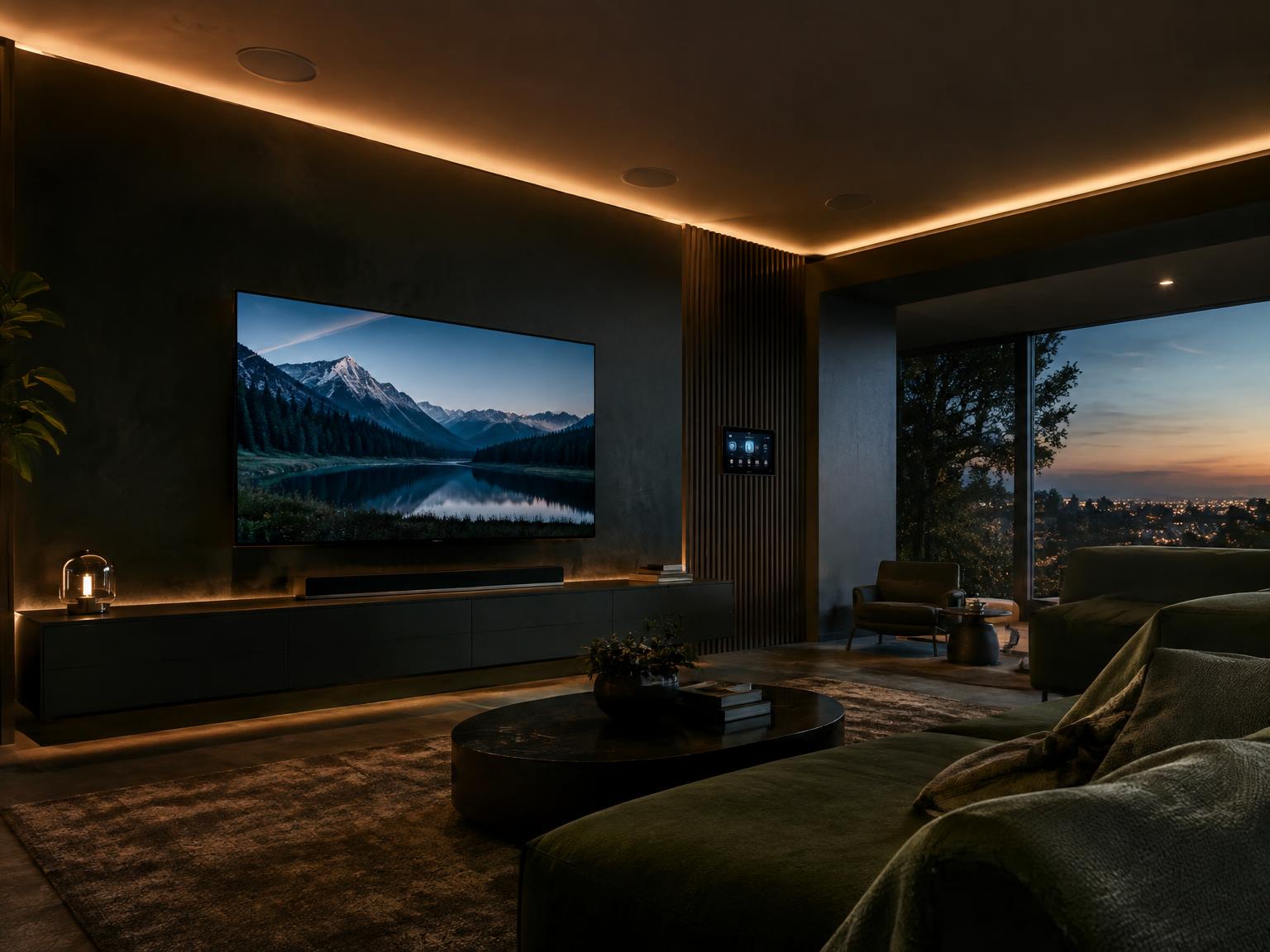 Living room at dusk with a wall-mounted screen, ceiling speakers and a wall control panel